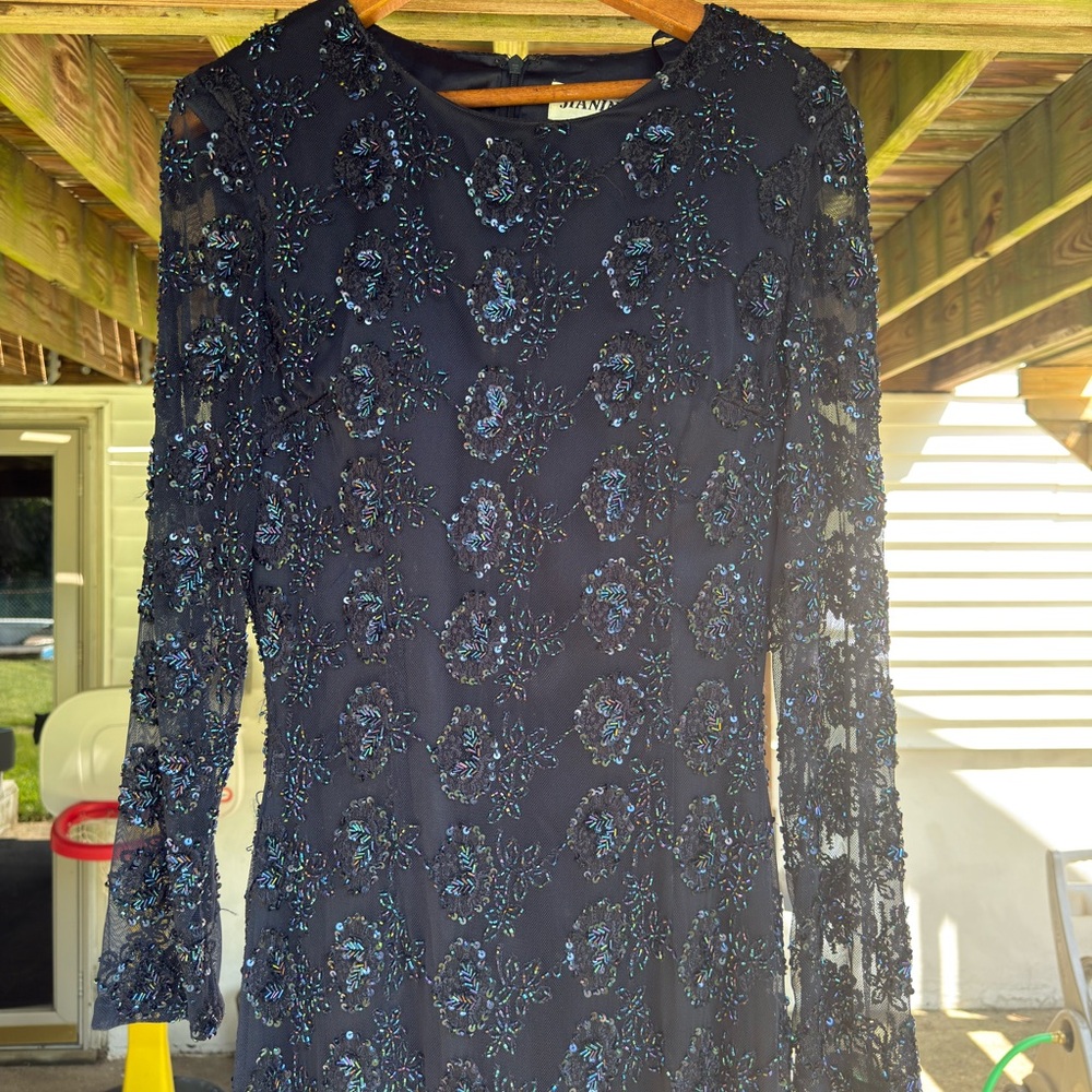 Vintage Jianini Black & Blue Beaded Evening Gown